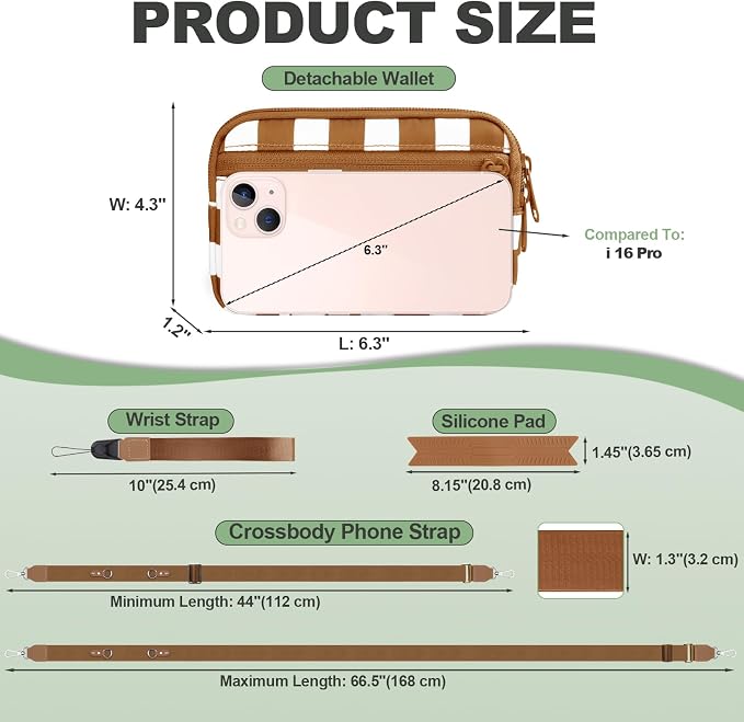 YFWE Clip and Go Strap for Phone with Wallet Crossbody, Adjustable Phone Lanyard with Detachable RFID Wristlet Wallet, Phone Strap with Phone Tabs for All Phones, Bronze Checkered (M)