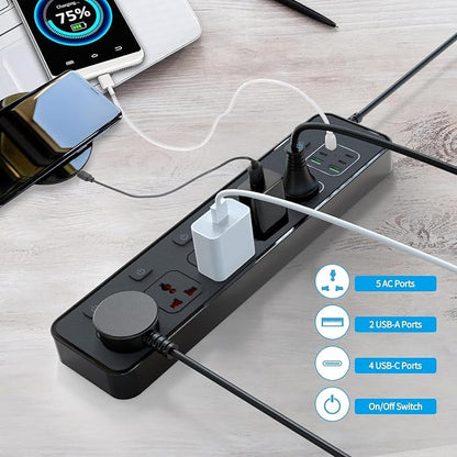 Power Strip with Individual Swtich, 6ft Extension Cord with 5 Universal Outlets and 6 USB (4 USB C), Max 3000w, 110-240v, Multiple Outlets Plug Adapter for Office Travel, UK Plug, Black