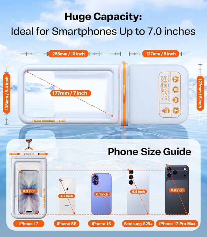 TORRAS IP68 Waterproof Phone Pouch Double Space, Floating Waterproof Phone Case with Lanyard for iPhone 17 Pro Max 16 15 14 S26 S25, Phone Dry Bag Vacation Cruise Ship Travel Essentials 7.0'', White