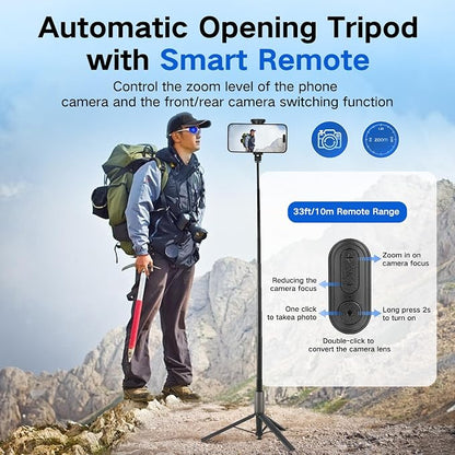 62 inch Selfie Stick Tripod for iPhone, Auto-Open Phone Tripod Stand with Magnetic Smart Remote Support Cell Phone Zoom in/Out,Front/Rear Camera Switch,Travel Selfie Stick for iPhone/Android