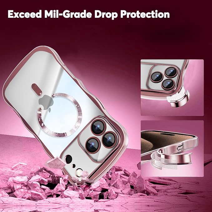 Misscase Designed for iPhone 17 Pro Case 6.3",with Privacy Screen Protector*1,Cute Wave Frame Case with Camera Lens Protector,Compatible with MagSafe Plating Bling for Women Pink