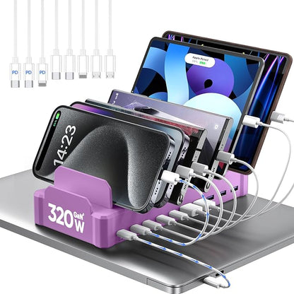 320W Charging Station for Multiple Devices, Zobirez 10-Port USB C Fast Charger Stations for MacBook, iPhone, Android Cell Phone, iPad, Tablet Family Multi-Device Organizer Charging Dock, Purple
