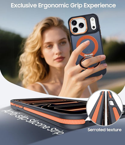 for iPhone 17 Pro Case with 360° Spin Magnetic Stand, Fits MagSafe, Military-Grade Shockproof Protection, Non-Slip Translucent Matte Slim Ring Holder Phone Cover for iPhone 17 Pro 6.3", Orange