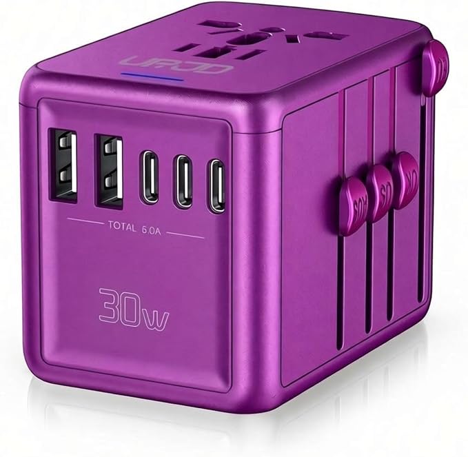 Universal Travel Adapter, 30W Fast Charging, for Europe UK US, Purple | 3 USB-C + 2 USB-A Ports & 2500W AC Outlet, International Power Adapter for Phone Laptop, Travel Charger for 200+ Countries