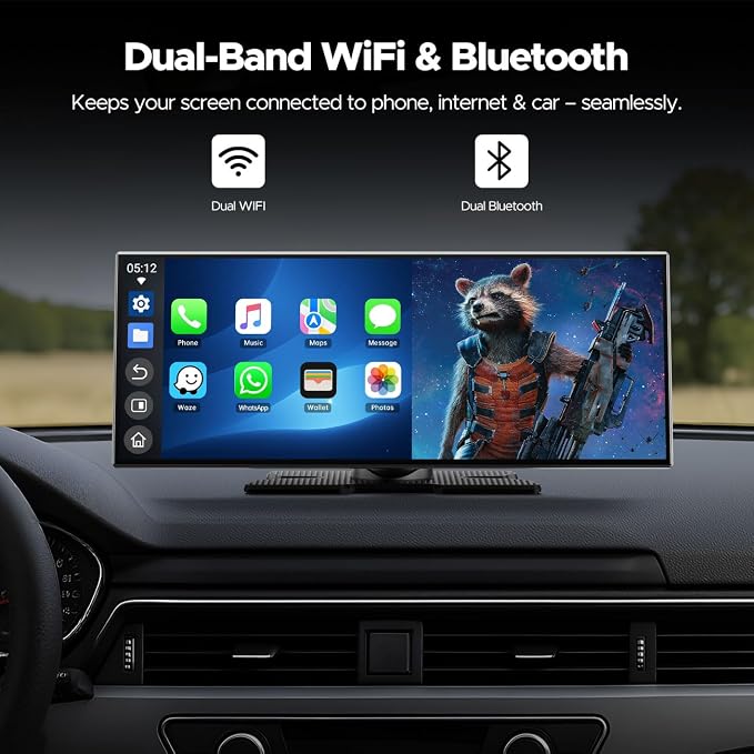 Volam 11'' Wireless Carplay Screen for Car Built-in Net-Flix YouTube Apps, Portable Touchscreen Car Stereo with Android Auto, Backup Camera, OTA Updates, Bluetooth, Voice Control, GPS Navigation,FM
