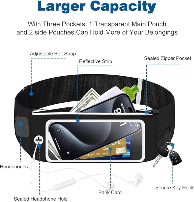 Running Belt Waist Packs with 3 Pockets Touchscreen Window for Women & Men Sweatproof Fitness Belt for iPhone 15 Pro Max 14 Pro Max 13 Pro 12 11 Fit Smartphone Up to 7"