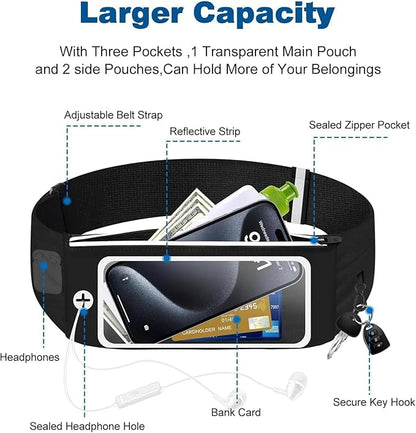 Running Belt Waist Packs with 3 Pockets Touchscreen Window for Women & Men Sweatproof Fitness Belt for iPhone 15 Pro Max 14 Pro Max 13 Pro 12 11 Fit Smartphone Up to 7"