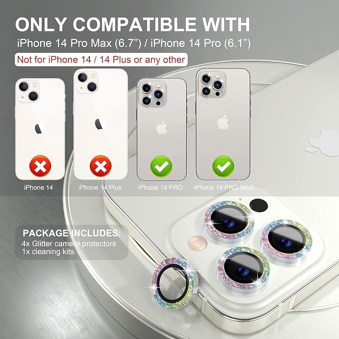 Choiche Compatible for iPhone 14 Pro/iPhone 14 Pro Max Camera Lens Protector Bling, 9H Tempered Glass Camera Cover Screen Protector Metal Ring Decoration Accessories (Glitter-Colorful)