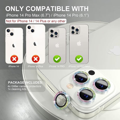 Choiche Compatible for iPhone 14 Pro/iPhone 14 Pro Max Camera Lens Protector Bling, 9H Tempered Glass Camera Cover Screen Protector Metal Ring Decoration Accessories (Glitter-Colorful)