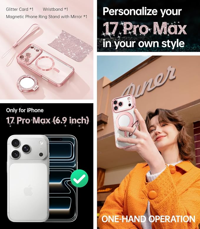 Meifigno Magnetic Case Designed for iPhone 17 Pro Max with Removable Phone Ring Stand, Glitter Card & Wrist Strap, Compatible with MagSafe, Built in Mirror, Phone Ring Holder + Case Kit, Rose Gold