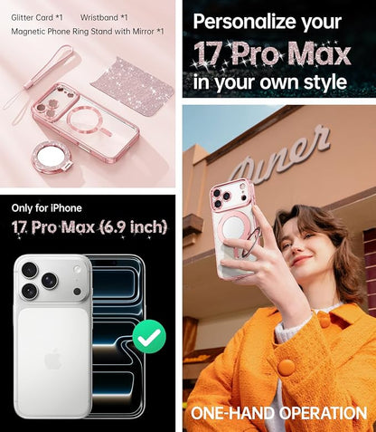 Meifigno Magnetic Case Designed for iPhone 17 Pro Max with Removable Phone Ring Stand, Glitter Card & Wrist Strap, Compatible with MagSafe, Built in Mirror, Phone Ring Holder + Case Kit, Rose Gold