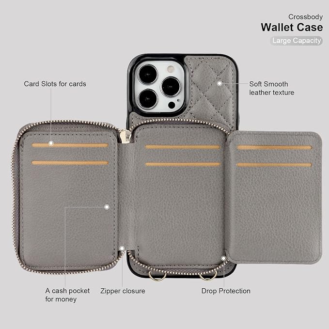 Bocasal Crossbody Wallet Case for iPhone 13 Pro Max, RFID Blocking PU Leather Zipper Handbag Purse Flip Cover, Kickstand Folio Case with Card Slots Holder Wrist Strap Lanyard 5G 6.7 Inch (Grey)