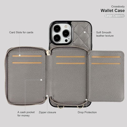 Bocasal Crossbody Wallet Case for iPhone 13 Pro Max, RFID Blocking PU Leather Zipper Handbag Purse Flip Cover, Kickstand Folio Case with Card Slots Holder Wrist Strap Lanyard 5G 6.7 Inch (Grey)