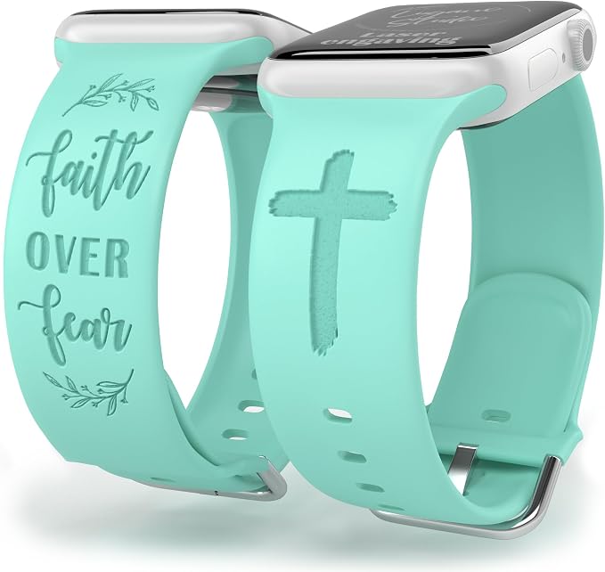 Faith Over Fear Watch Band Compatible with Apple Watch Laser Engraved iWatch Band Silicone 38mm 40mm 41mm 42mm 44mm 45mm 49mm Strap Jesus Psalm Christian God (44/45/49mm S/M, Beryl)