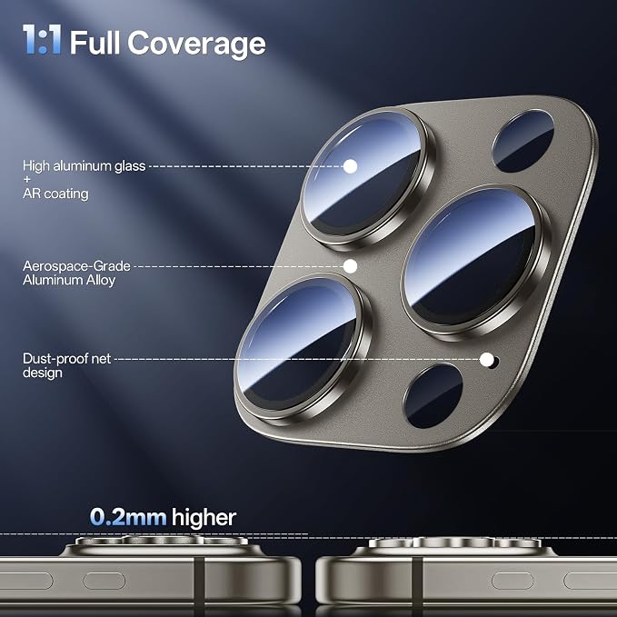 Camera Lens Protector for iPhone 16 Pro Max/iPhone 16 Pro-Single Piece,Ultra Thin Aluminum Alloy Frame,9H Dual-Strength Glass with 99% AR Light Transmittanc,Case Friendly, Grey Titanium