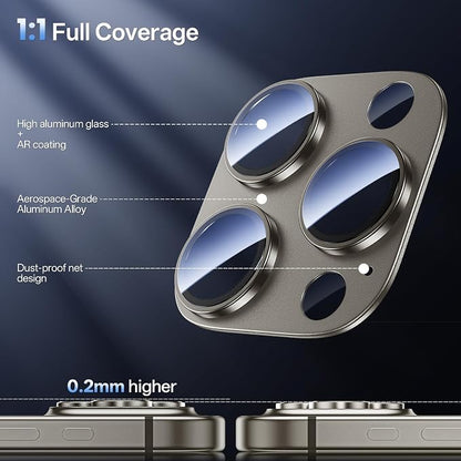 Camera Lens Protector for iPhone 16 Pro Max/iPhone 16 Pro-Single Piece,Ultra Thin Aluminum Alloy Frame,9H Dual-Strength Glass with 99% AR Light Transmittanc,Case Friendly, Grey Titanium