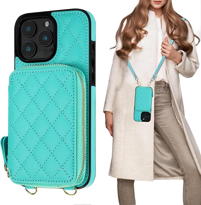 Bocasal Crossbody Wallet Case for iPhone 16 Pro Max, RFID Blocking PU Leather Zipper Handbag Purse Flip Cover, Kickstand Folio Case with Card Slots Holder Wrist Strap Lanyard 5G 6.9 Inch (Mint Green)