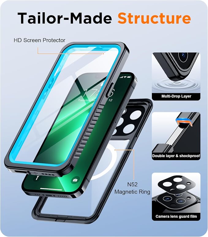 Temdan Magnetic for iPhone 13 Pro Case Waterproof,Built-in Screen Protector[IP68 Underwater][Upgrade Military Dropproof][Compatible with MagSafe] Full Body Shockproof for Phone Case 6.1''-Blue