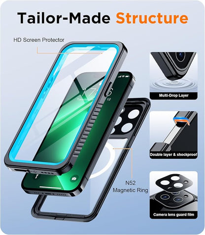 Temdan Magnetic for iPhone 13 Pro Case Waterproof,Built-in Screen Protector[IP68 Underwater][Upgrade Military Dropproof][Compatible with MagSafe] Full Body Shockproof for Phone Case 6.1''-Blue