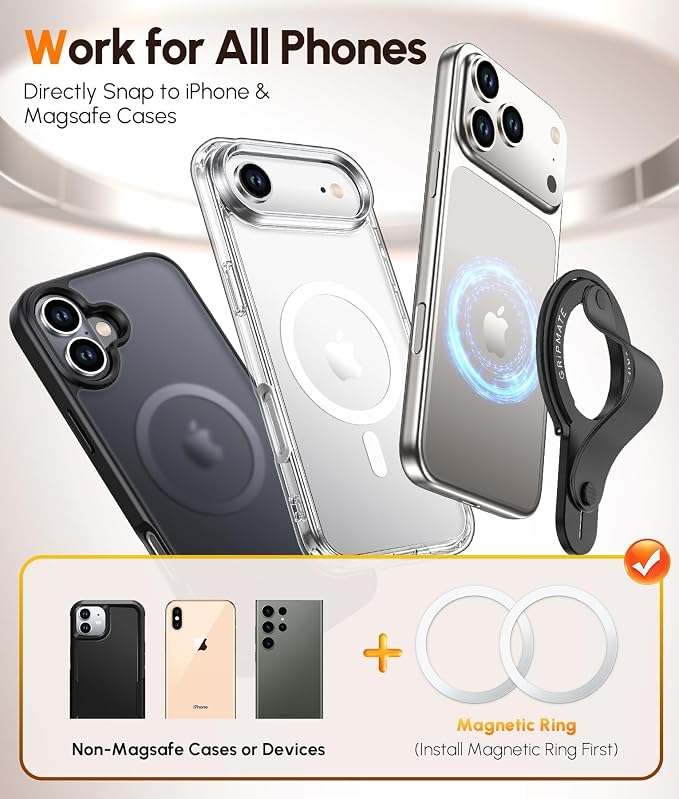 2nd Gen for Magsafe Phone Grip for iPhone - Strong Dual-Sided Magnetic Phone Ring Holder - Detachable, Comfortable Finger Loop Stand for iPhone 17 Pro Max 16 15/14/13/12 Series (Black)