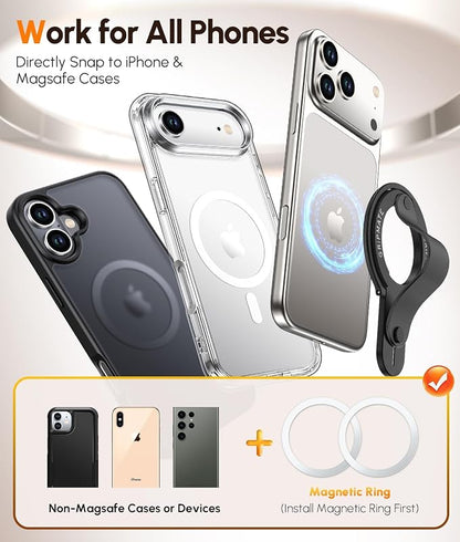 2nd Gen for Magsafe Phone Grip for iPhone - Strong Dual-Sided Magnetic Phone Ring Holder - Detachable, Comfortable Finger Loop Stand for iPhone 17 Pro Max 16 15/14/13/12 Series (Black)