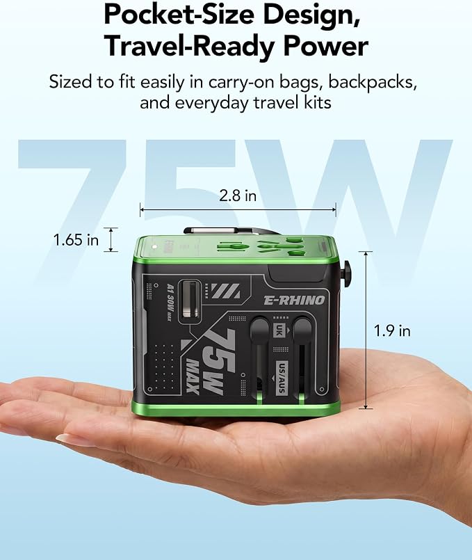 MFish 75W Universal Travel Adapter, 5-Port International Power Adapter with Retractable USB-C Cable, 3 USB-C & 1 USB-A + AC Outlet, Worldwide Wall Charger for MacBook, iPhone, iPad, EU/UK/US/AUS Black