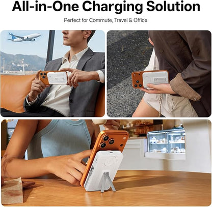 Q Magnetic Wireless Portable Charger 10,000mAh, Travel Essentials Power Bank with Built-in Cables & Foldable Stand, External Battery Pack Compatible with iPhone 17/16/15/14/13/12, Apple Watch