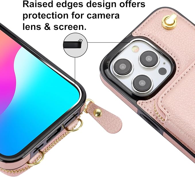 Bocasal Crossbody Wallet Case for iPhone 15 Pro Max, RFID Blocking Leather Purse Case with Card Holder, Protective Handbag Flip Cover with Zipper Wrist Strap Lanyard for Women 5G 6.7 Inch (Rose Gold)