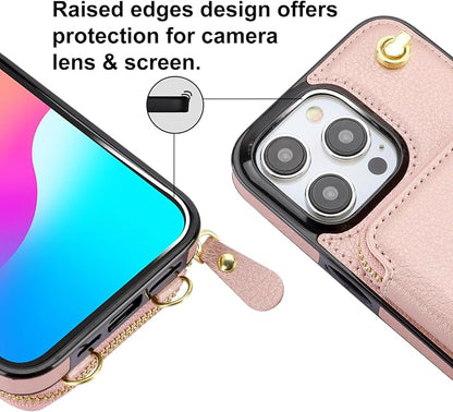 Bocasal Crossbody Wallet Case for iPhone 15 Pro Max, RFID Blocking Leather Purse Case with Card Holder, Protective Handbag Flip Cover with Zipper Wrist Strap Lanyard for Women 5G 6.7 Inch (Rose Gold)