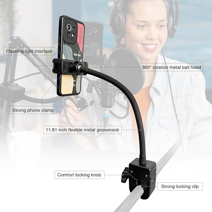 Clip Phone Holder for Desk,Pole,Pipe,Boom,Flat Surface with Adjustable Aluminium Arm Phone Clamp Mount for Mic Stand,Treadmill Compatible with All 4-7” Cell Phone (Long-Gooseneck Arm Phone Holder)