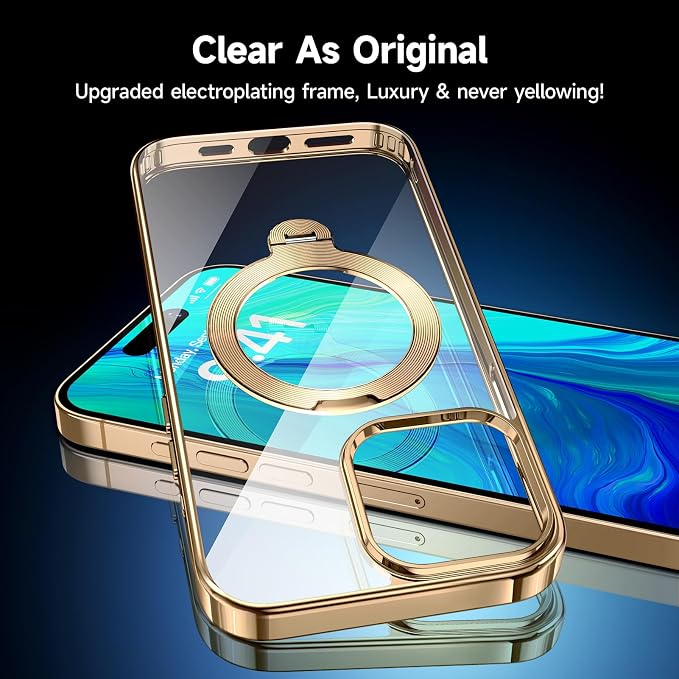 [Tri-Shield Protection] for iPhone 14 Pro Case with 360° Spin Stand Compatible with MagSafe [Magnetic CD Ring] [Screen & Camera Lens Protector] Shockproof Plating Never-Yellowing, Gold-6.1"