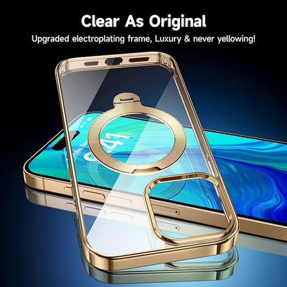 [Tri-Shield Protection] for iPhone 14 Pro Case with 360° Spin Stand Compatible with MagSafe [Magnetic CD Ring] [Screen & Camera Lens Protector] Shockproof Plating Never-Yellowing, Gold-6.1"