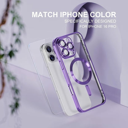 Misea Magnetic for iPhone 16 Pro Case Compatible with MagSafe [Never Yellowing] [Military Grade Drop Protection] Full Camera Lens Protector Plating Soft Clear Phone Case for Women 6.3", Purple