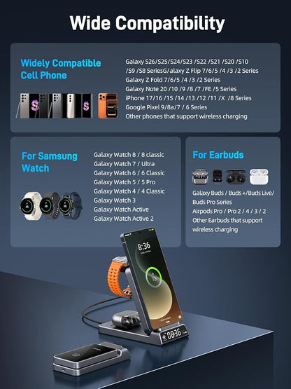 Magnetic Wireless Charger for Samsung, 3 in 1 Android Charging Station for Samsung Galaxy S26 Ultra/S25 Ultra/Z Fold/Flip 7, Foldable Charger for Samsung Galaxy Watch Ultra/8/7/Galaxy Buds4 Pro (Gray)