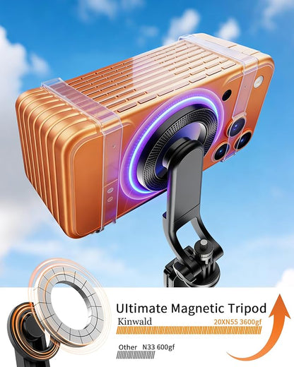 Magnetic Phone Tripod & Selfie Stick, 66.9" Adjustable Height, Strong Magnetic Mount, One-Button Unlock Tripod Design, Bluetooth Remote, Flexible Angles for Vlogging & Content Creation
