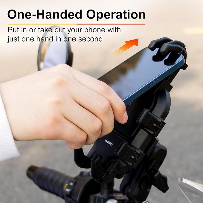 ELVANO Motorcycle Phone Mount Holder: Anti-Shake Phone Holder with Vibration Dampener for 4.7-7.2" Smartphone, Heavy Duty Adjustable Cellphone Clip Fits 0.6-1.3" Handlebar for Bike Bicycle Scooter ATV