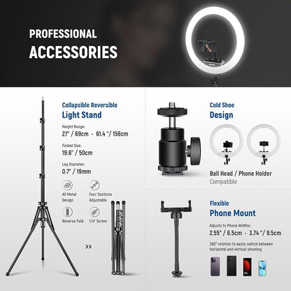 NEEWER 18 inch Ring Light with Tripod Stand and Phone Holder, Ultra Thin Video Ringlight 2900K-7000K TLCI98 App Control, Softer Lighting for Lash Tattoo Makeup Live Stream TikTok, RP18B Pro White