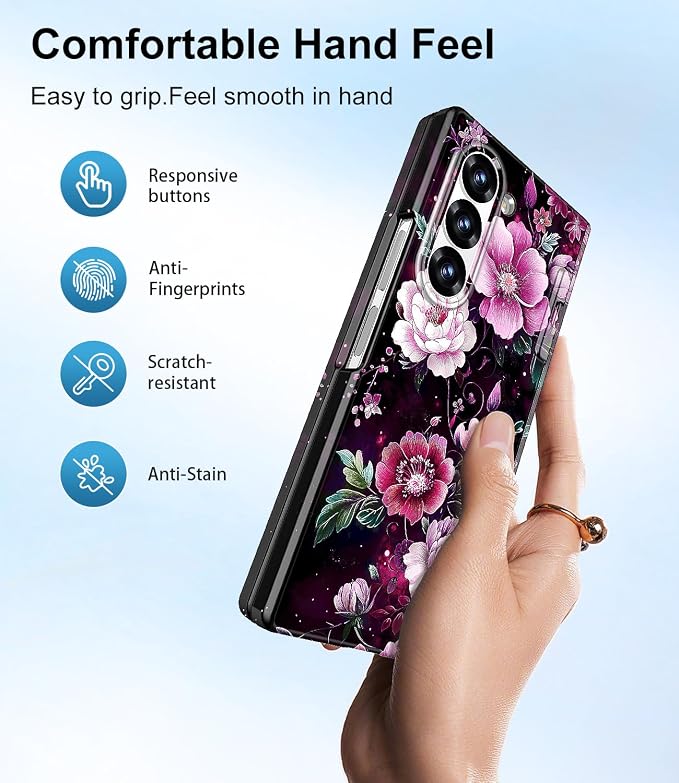 Btscase for Samsung Galaxy Z Fold 6 Case,Built in Front Screen Protector,Gold Glitter Marble Pattern Hard PC Slim Shockproof Full Body Drop Protective Case for Galaxy Z Fold 6 5G, Purple Red
