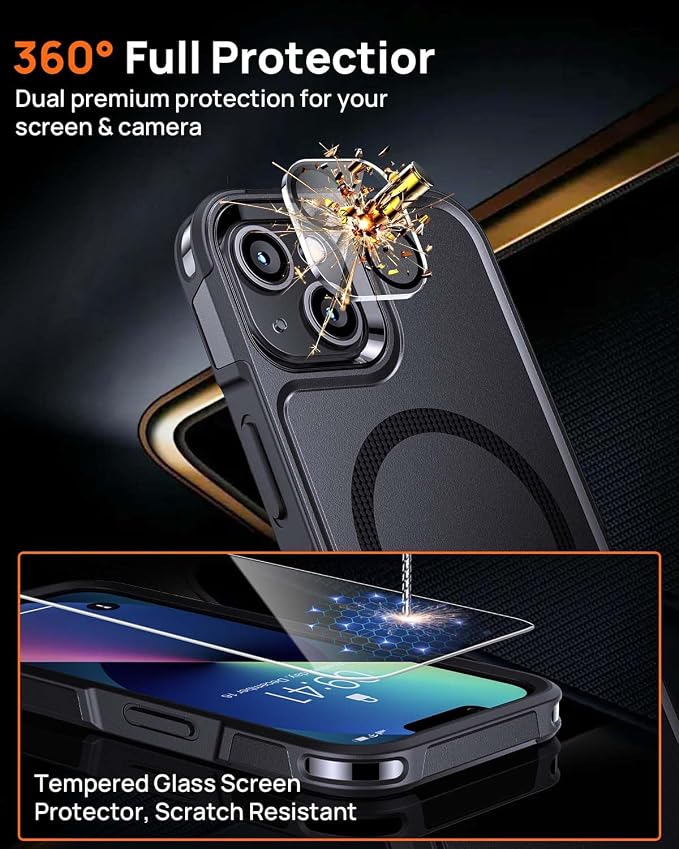 Lanhiem Magnetic for iPhone 13 Case, 2 Pack [Tempered Glass Screen Protectors+Camera Lens Protectors] 10 FT Military Drop Protection Anti-Fingerprint Slim Design Phone Cover for iPhone 13 (Black)