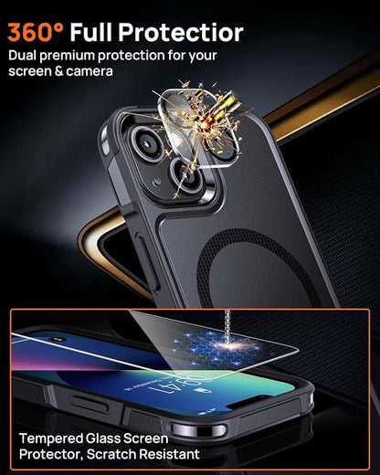 Lanhiem Magnetic for iPhone 13 Case, 2 Pack [Tempered Glass Screen Protectors+Camera Lens Protectors] 10 FT Military Drop Protection Anti-Fingerprint Slim Design Phone Cover for iPhone 13 (Black)