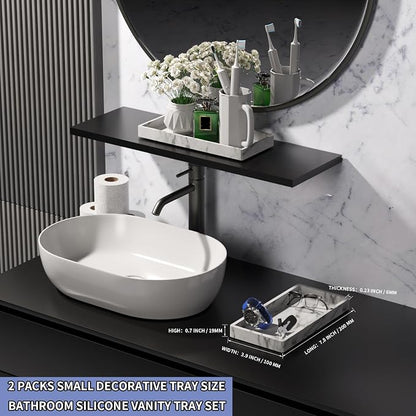 BBK Bathroom Vanity Tray 7.8 in - 2 Pack(Small) Silicone Bathroom Tray for Counter, Perfume Key Trinket Ring Tray, Decor Soap Dispenser Countertop Tray for Kitchen Sink Organization (Faux Marble Look)