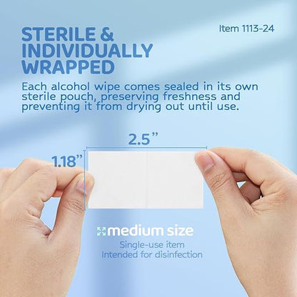 Dynarex DynaSafety Sterile Alcohol Prep Pads - Medium - 70% Isopropyl Alcohol, Individually Wrapped, Soft Cleaning Wipes - Case of 100 Boxes, 24 per Box