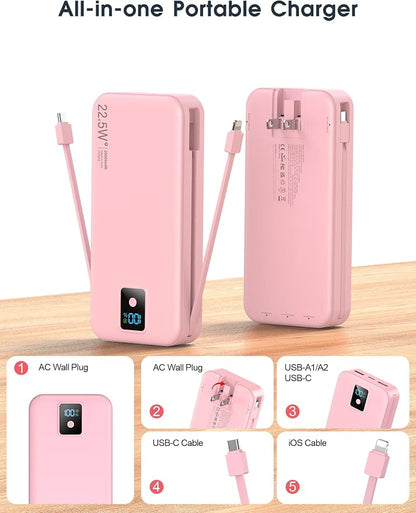 Portable Charger, 20000mAh 22.5W Fast Charging Power Bank with Built-in Cables & Wall Plug, Travel Essentials Battery Pack with LED Display, USB C External Battery Bank for iPhone iPad, Samsung Pink