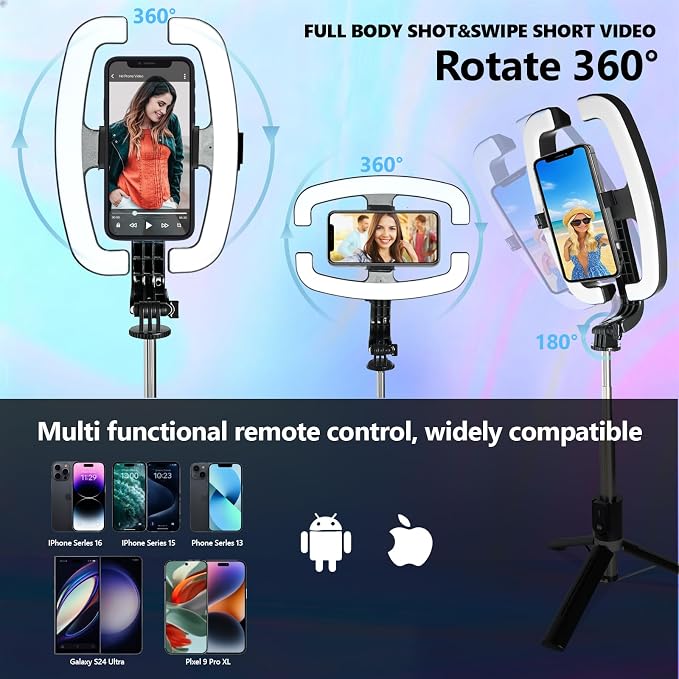 Foldable Selfie Light with Stand,54" Extendable Phone Holder Selfie Stick with Dimmable LED Lights and Remote,Ring Light Tripod for Video Recording/Live Stream/Makeup/Photography/YouTube/TikTok