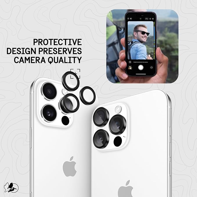 Pelican Camera Lens Protector w/Aluminum Rings for iPhone 16 Pro Max/iPhone 16 Pro - 9H Tempered Glass - Durable Anti-Scratch, Anti-Shatter, HD View w/Night Shoot, Case Friendly, Easy Install - Black