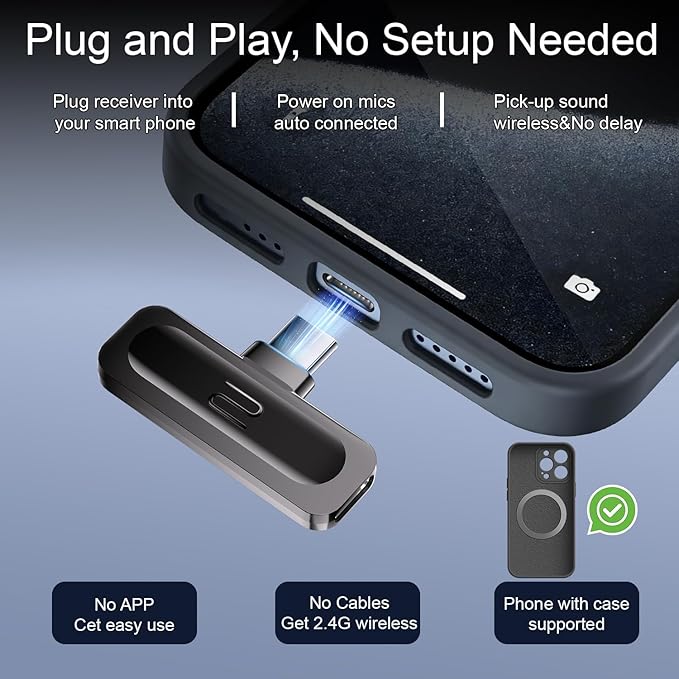 2-Pack Wireless Mini Lavalier Lapel Microphone for iPhone 15,16,Android Phone w/ Charging Case - 65ft Cordless Clip on Dual Mics with Noise Reduction 6H Working Time for Video Recording Vlogging