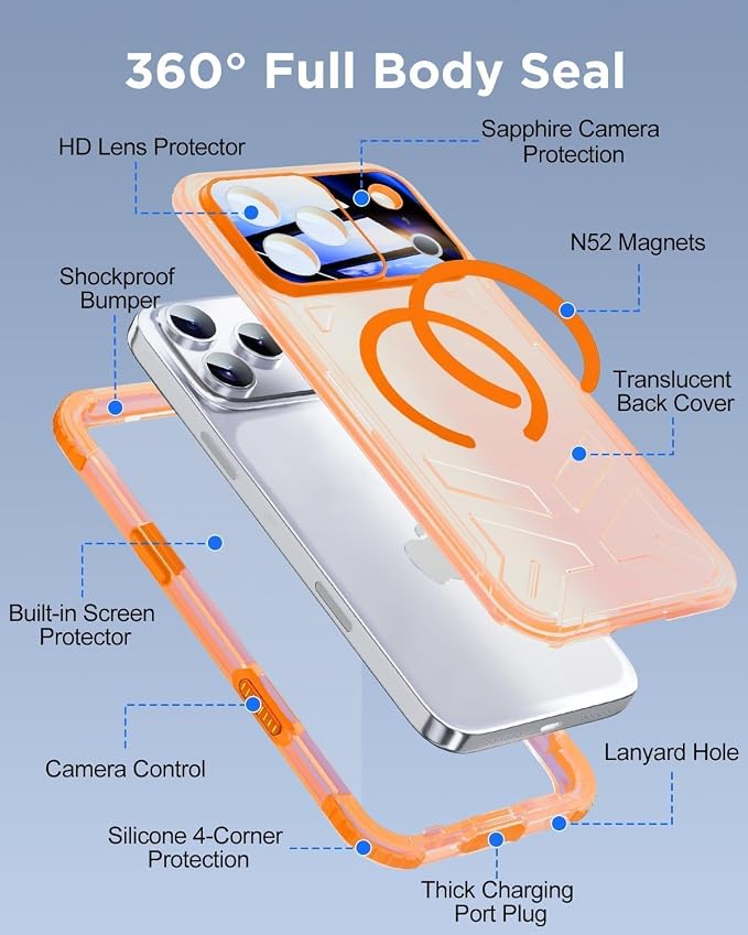 for iPhone 17 Pro Waterproof Case with Magsafe, Built-in [Camera & Screen Protector] [Lanyard], IP68 Water Proof Full Body Dustproof Heavy Duty Frosted Protective Phone Cover, 6.3" Orange