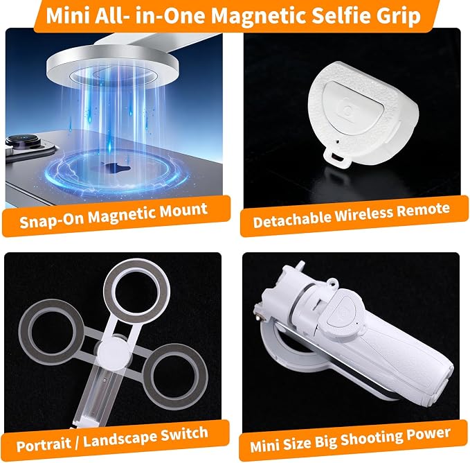 4-in-1 Magnetic Selfie Stick for iPhone/Android - Multifunctional 360° Rotation Extendable Tripod with Detachable Remote, Universal Phone Mount & Metal Ring (Magnetic or Clip Combo)