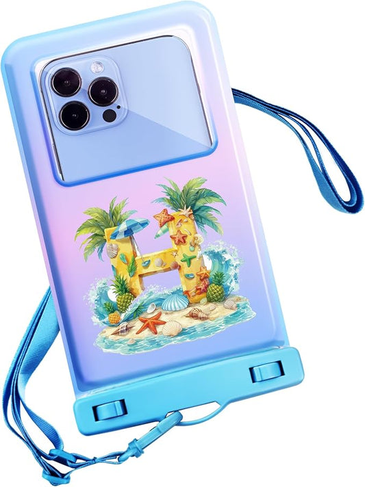 Personalized Initial Waterproof Phone Pouch Case - IPX8 Cellphone Dry Bag with Lanyard for iPhone 16/15/14/13/12 Pro Max (6.1–6.9"), Beach & Cruise Ship Essentials with Monogrammed Design (Blue, H)