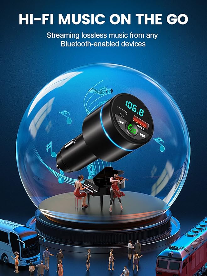 FM Transmitter for Car Bluetooth 5.3, [All-Metal] PD 30W & QC3.0 18W Fast Car Charger, Wireless FM Radio Kit Bluetooth Car Adapter, Noise Cancelling Hands-Free Call, Blue Light - Black